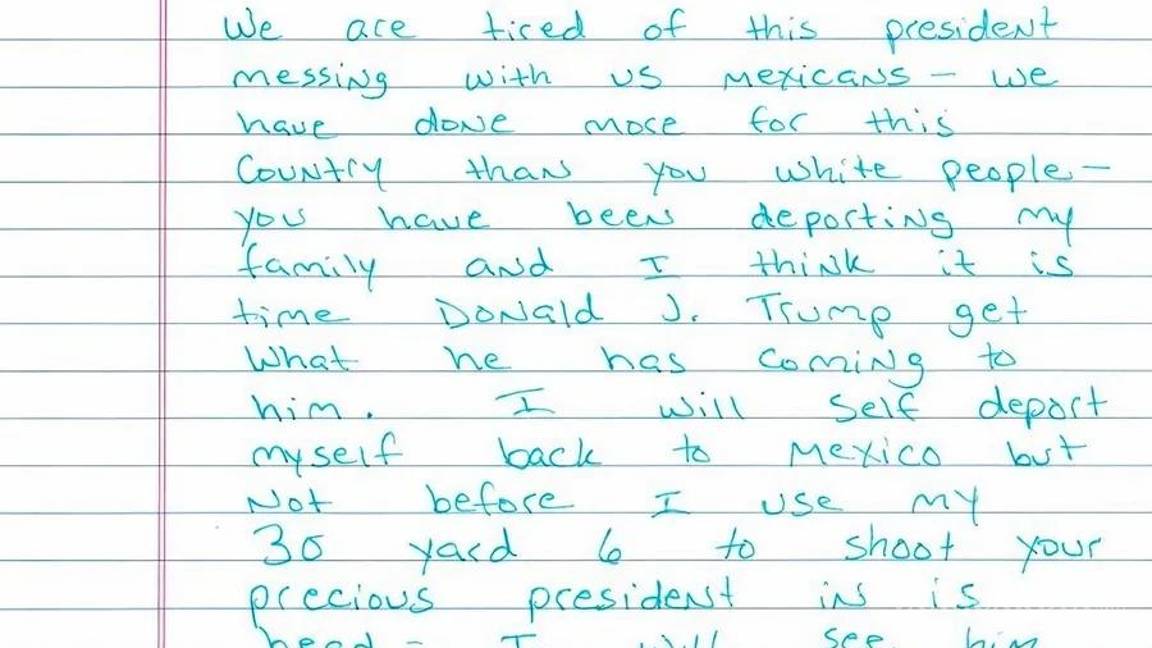 $!Fotografía de la carta que supuestamente escribió el inmigrante mexicano Ramón Morales Reyes donde amenaza con asesinar a Donald Trump.