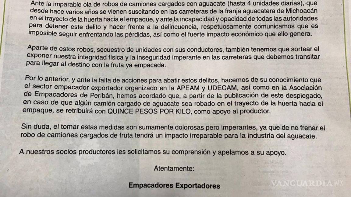 $!Aguacateros de Michoacán, en jaque por delincuencia