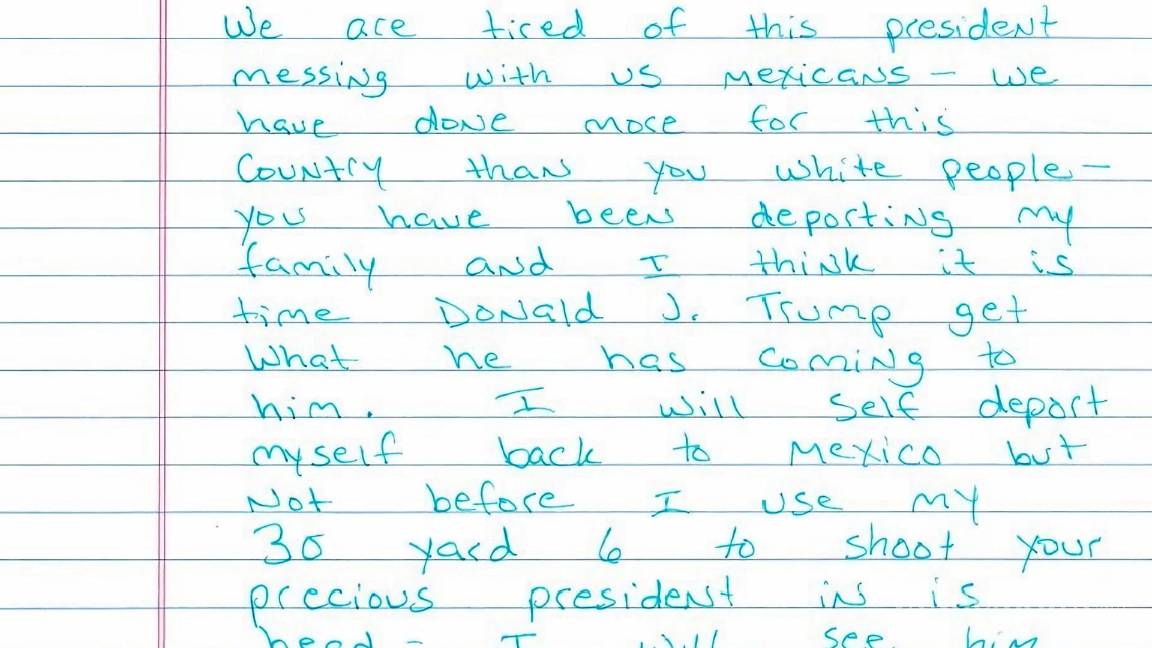 $!Fotografía de la carta que escribió supuestamente el inmigrante mexicano Ramón Morales Reyes, en la amenaza con asesinar a Donald Trump.