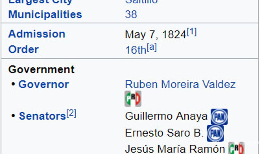 $!Sin actualizarse, información en inglés de Coahuila en Wikipedia