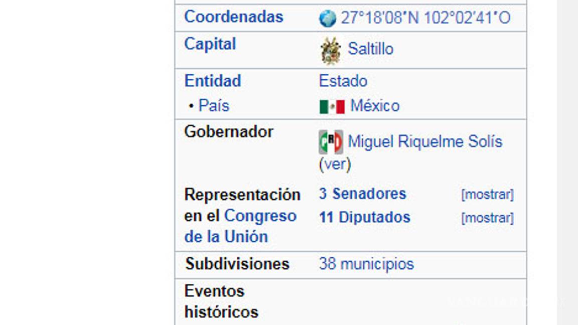 $!Sin actualizarse, información en inglés de Coahuila en Wikipedia