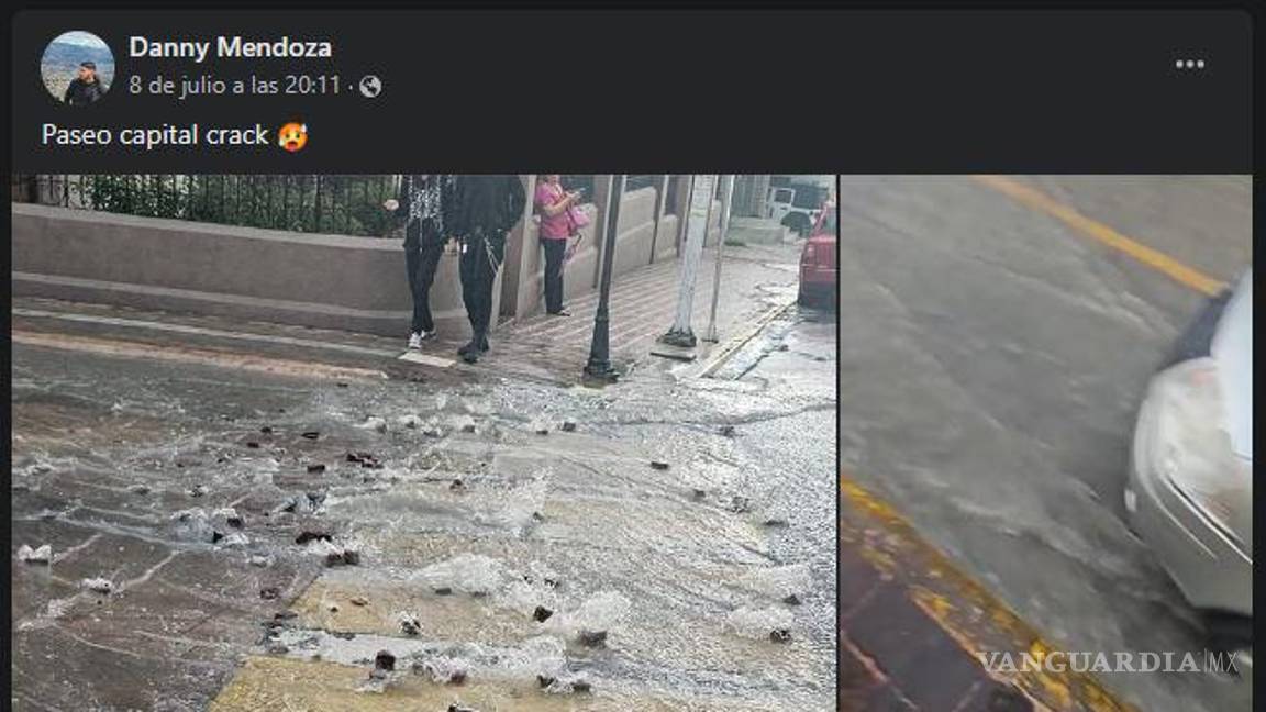 $!Corriente de agua deshace piso de Paseo Capital en Saltillo.