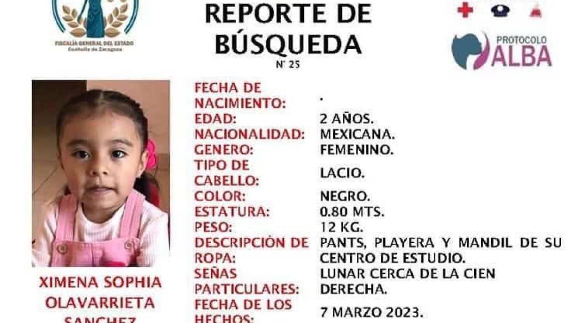 Buscan a Ximena, niña desaparecida en Saltillo; denuncian que fue sustraída por su padre
