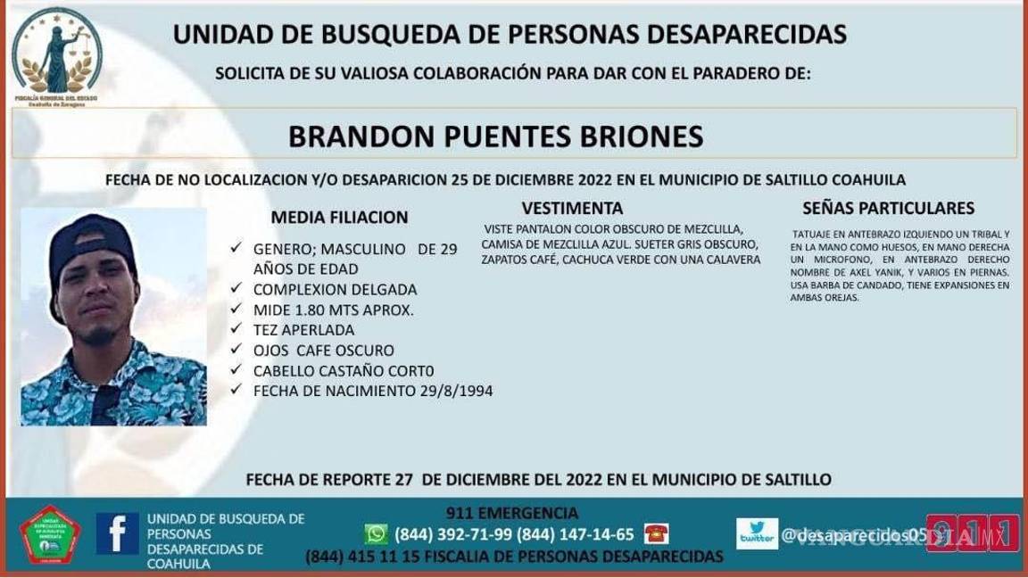 Buscan a joven desaparecido en Saltillo; fue visto por última vez en Navidad