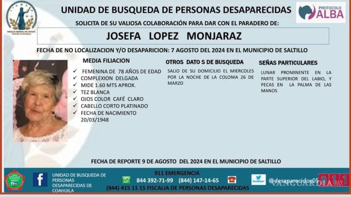 Familia de Josefa López solicita ayuda para encontrarla tras su desaparición en Saltillo