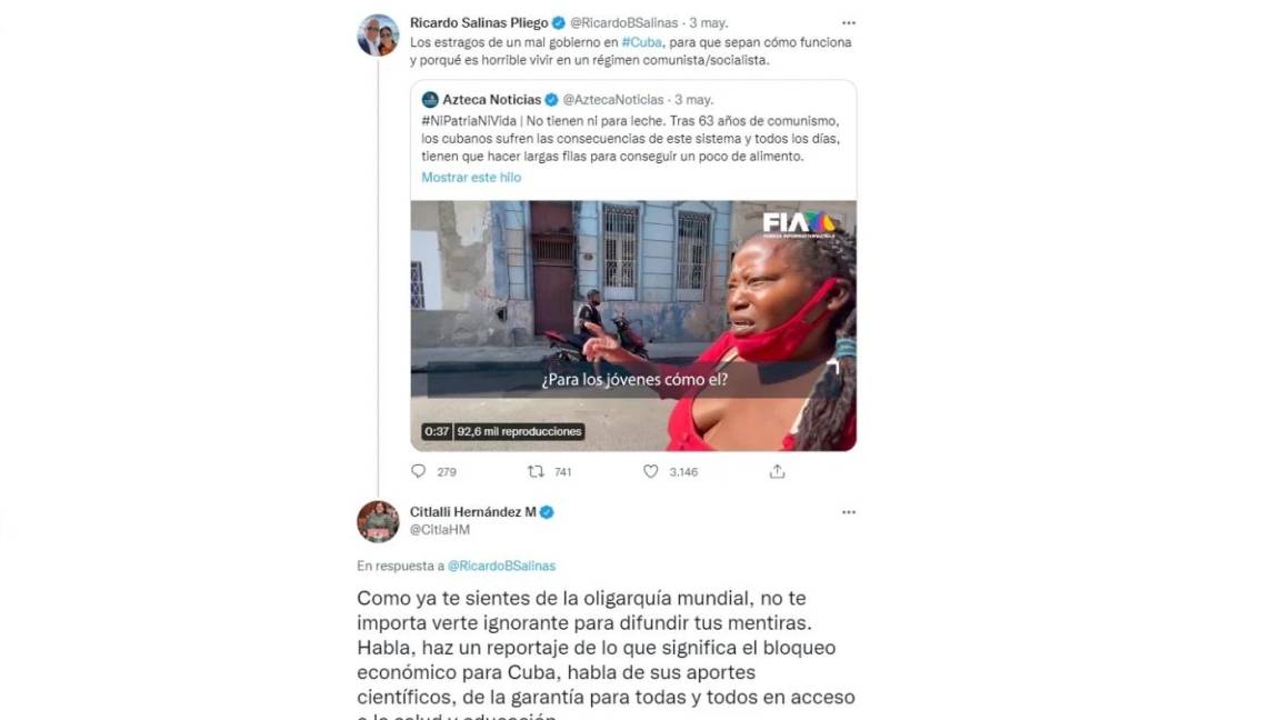 $!“Si se siente cubana, váyase a Cuba”, Salinas Pliego y Citlalli Hernández se ‘agarran’ en Twitter