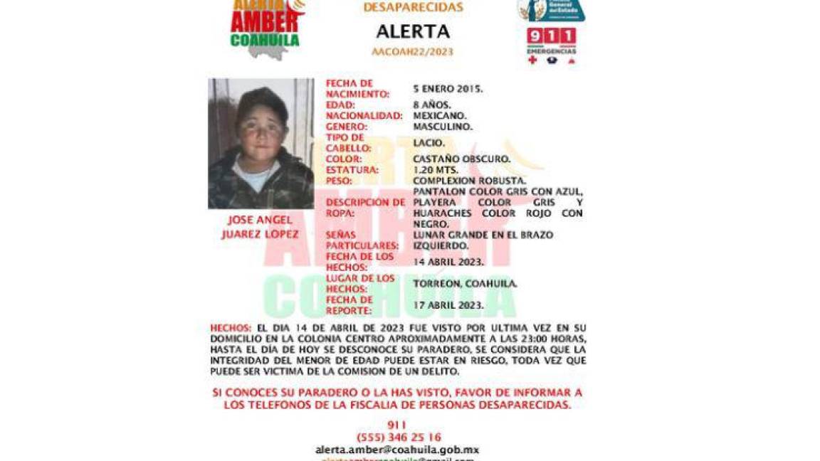 Menor de 8 años lleva tres días desaparecido en Torreón