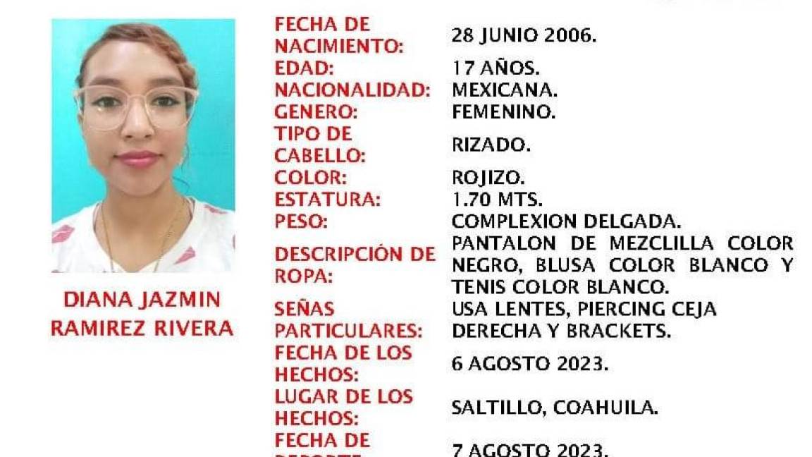 Piden ayuda para encontrar a Jazmín, menor de edad desaparecida en Saltillo