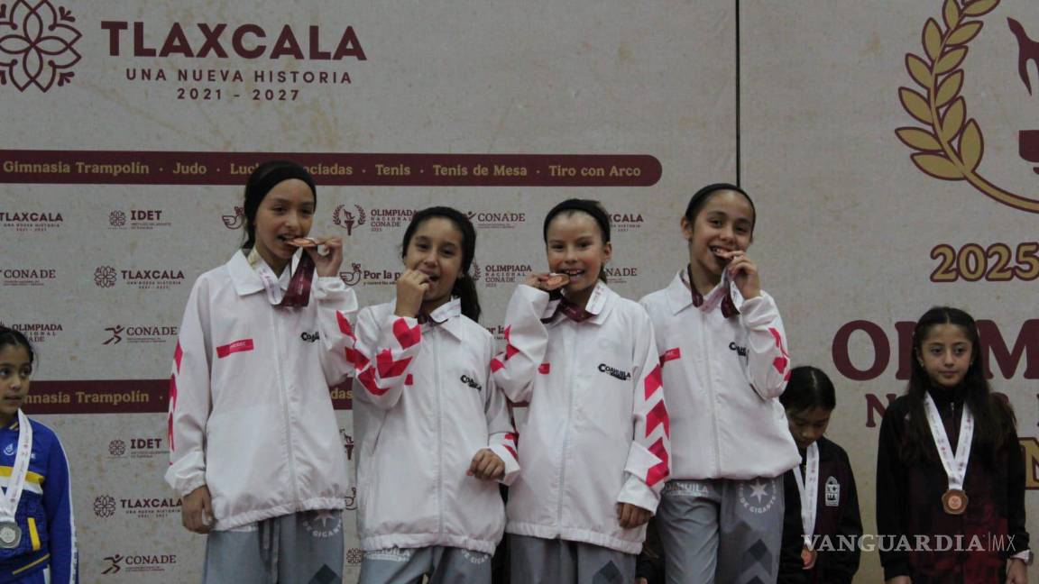 $!Marian Aguirre, Elizabeth Muñoz, Andrea López y Abril Rubio lograron el bronce en la prueba por equipos, categoría Infantil “A” femenil de tenis de mesa.