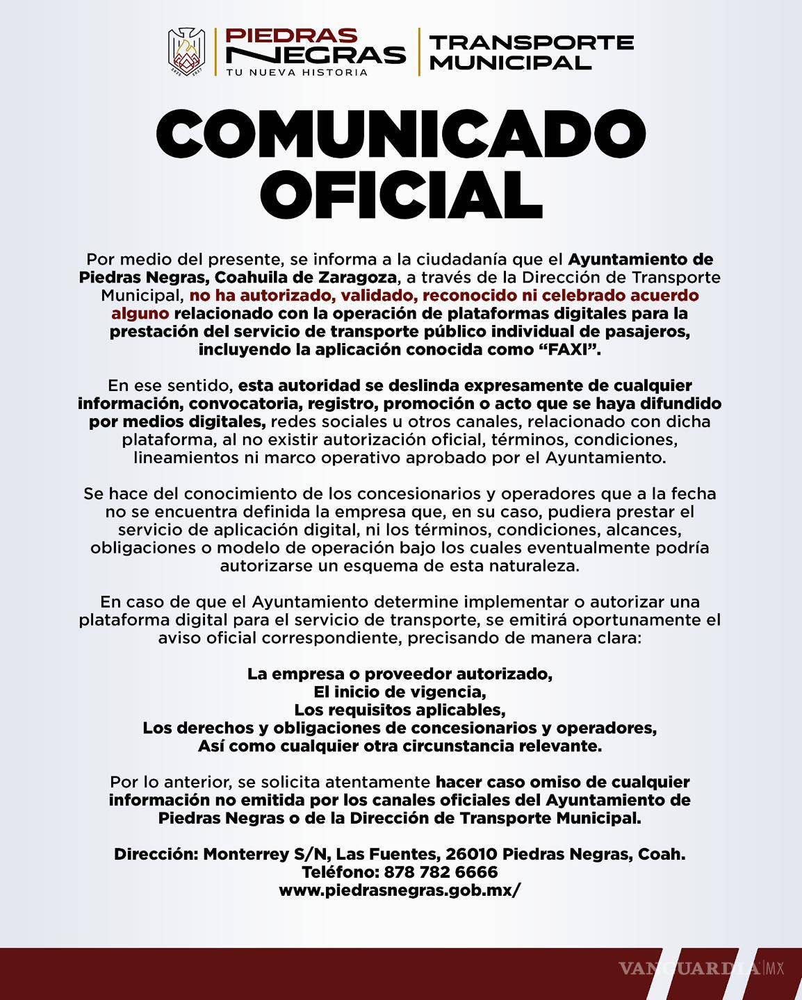 $!Cabildo de Piedras Negras niega autorización a plataformas digitales de transporte como ‘FAXI’