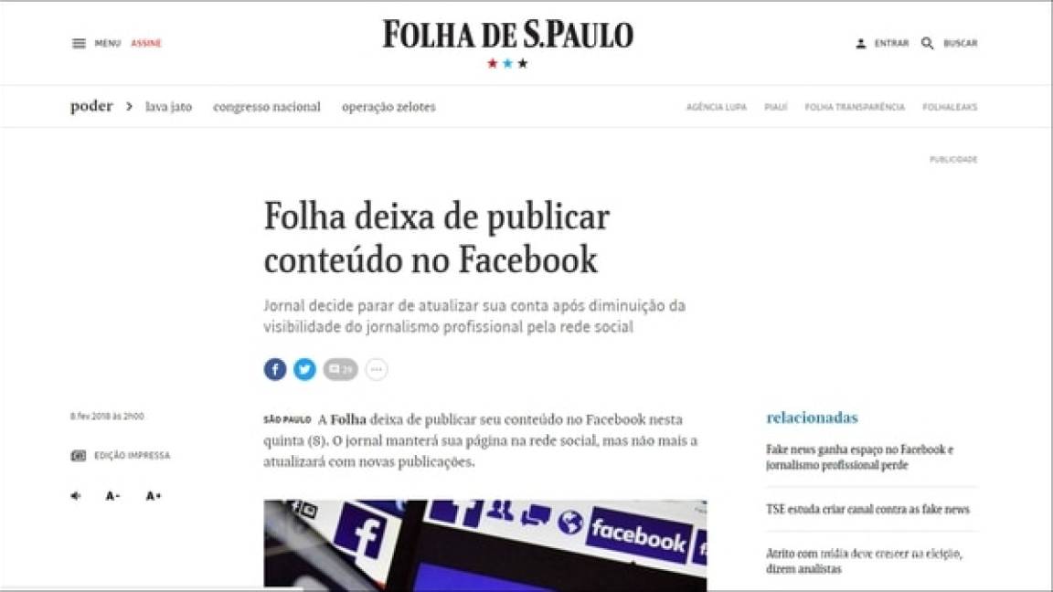 &quot;Folha de Sao Paulo”, diario más leído de Brasil deja Facebook