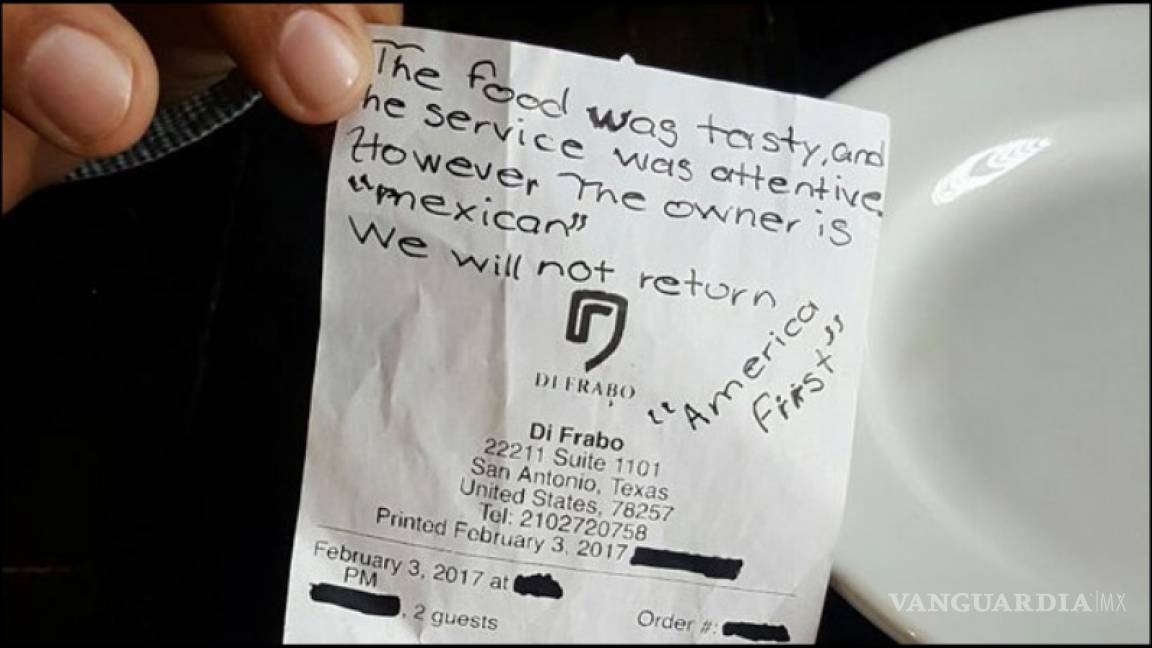 'El dueño es mexicano, no volveremos': dejan nota racista en restaurante de Texas