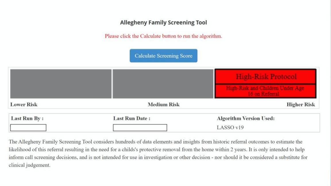 $!Interfaz de Allegheny Family Screening Tool que los trabajadores sociales usan para predecir si un niño es colocado en cuidado de crianza.