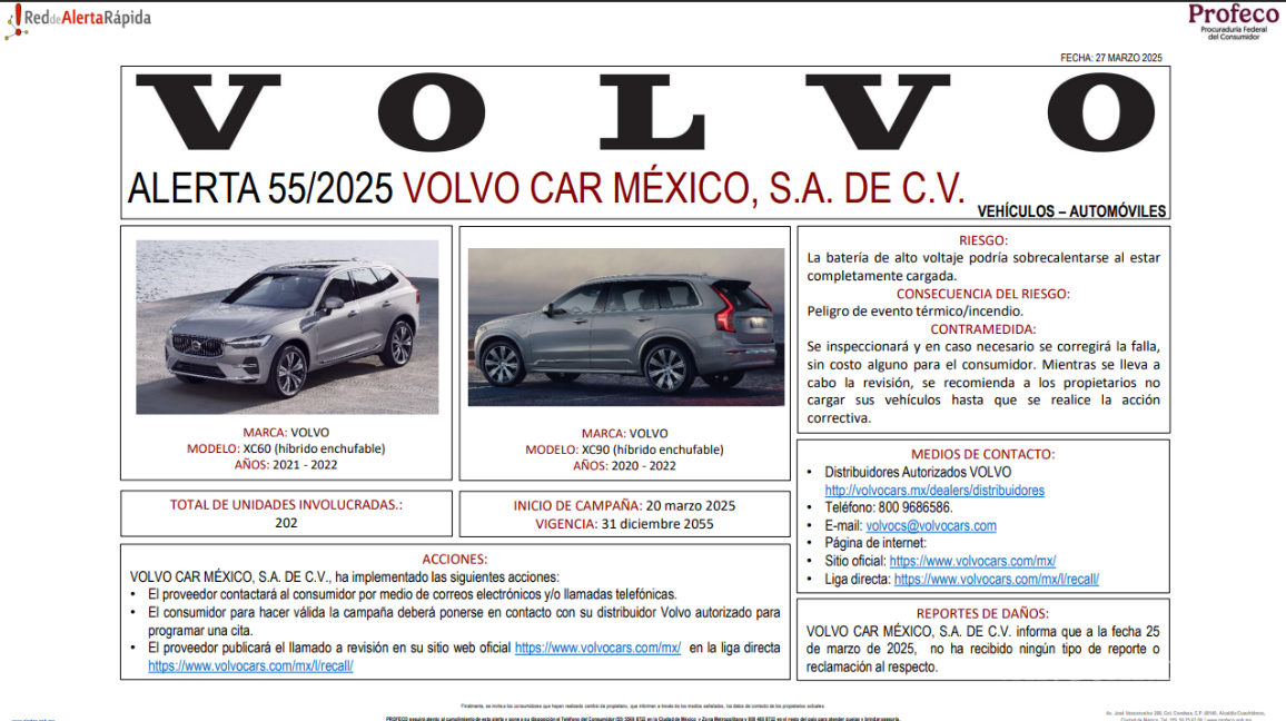 $!Alerta Profeco: Volvo Car México lanza llamado a revisión por posible falla en la batería de estos modelos
