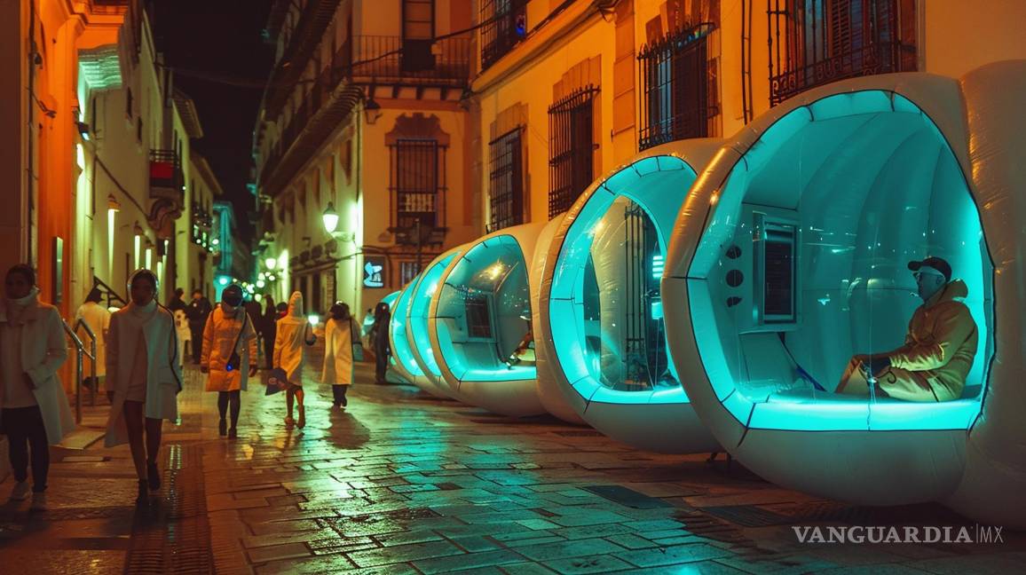 $!Calle peatonal con cabinas futuristas.