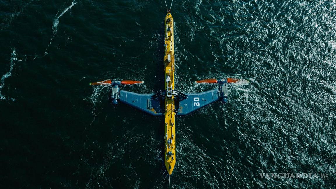 $!Vista denital de la planta mareomotriz flotante O2, mostrando a derecha e izquierda, de color rojo, sus turbinas elevadas. EFE/Daniel Galilea/Orbital Marine Power