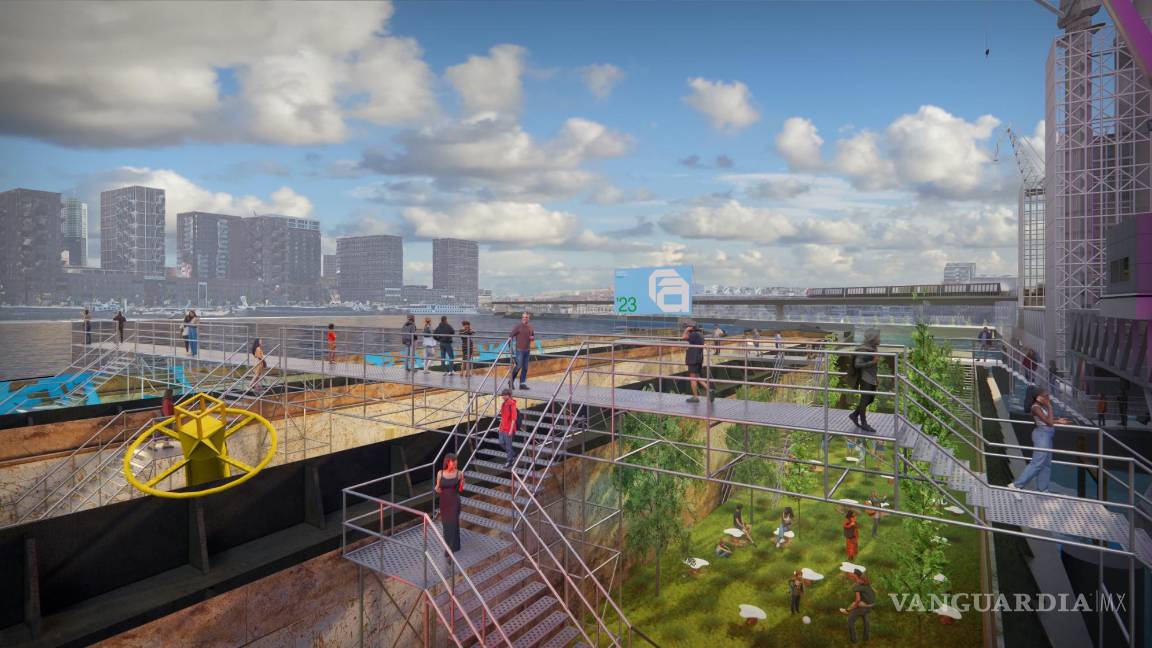 $!Pasarela aérea que interconecta las tres barcazas.