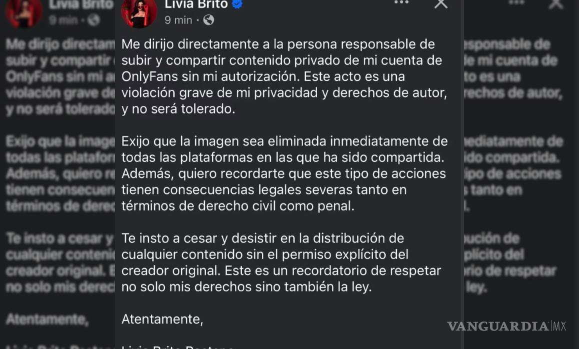$!Livia Brito advirtió que tomará medidas legales contra la persona que filtró fotografías privadas de su cuenta de OnlyFans.