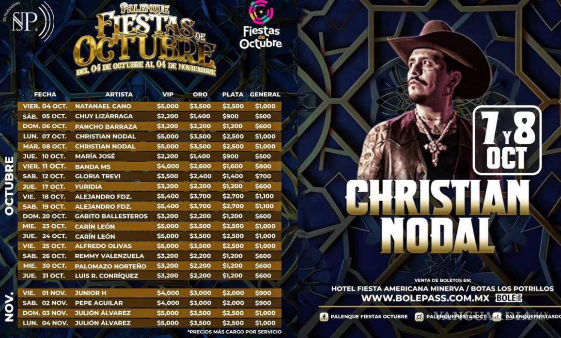 $!Fiestas de Octubre 2024: Nodal, Pepe Aguilar, Junior H. y Julión Álvarez se presentarán en Palenque