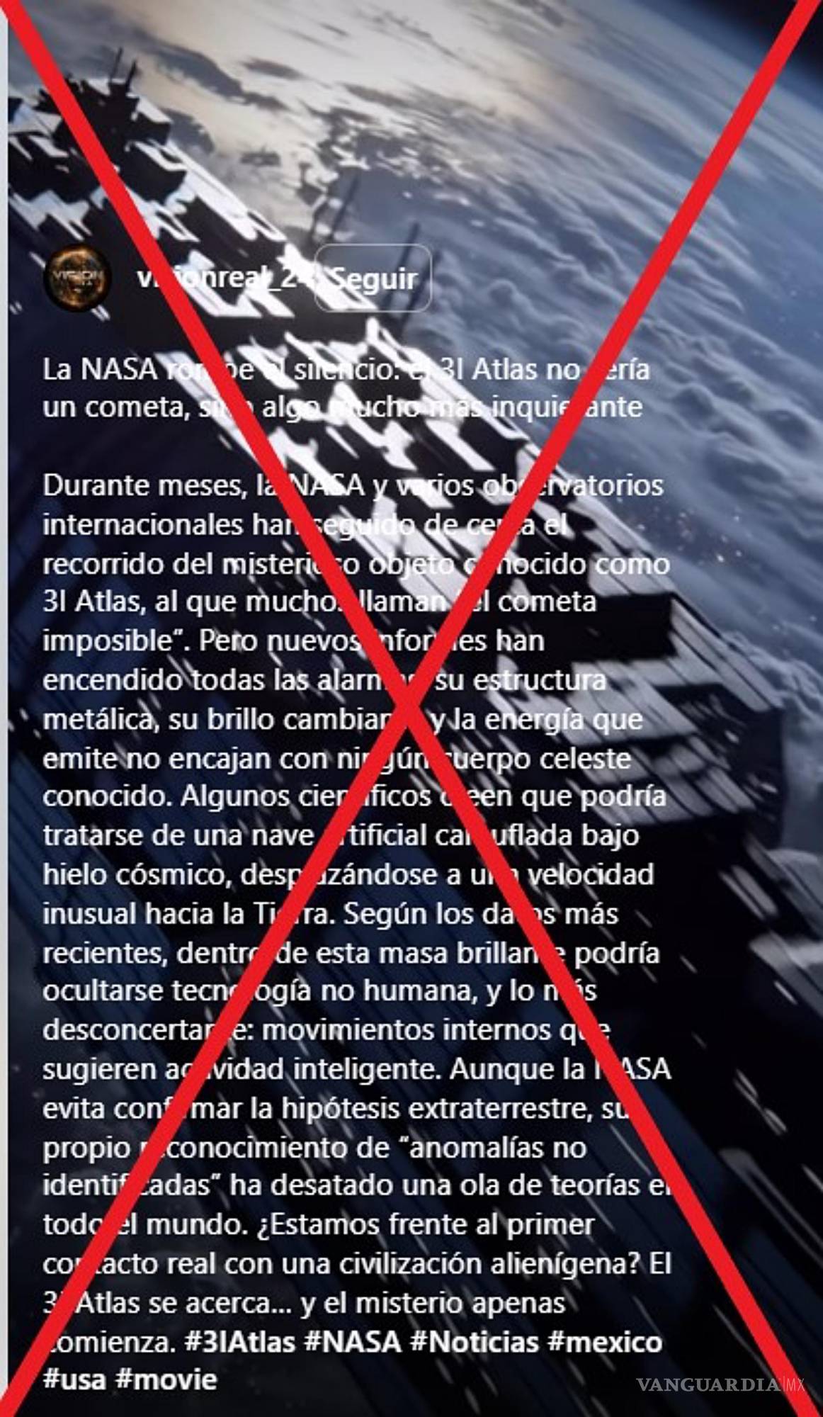 $!Uno de los mensajes falsos en los que afirma que el cometa 31/Atlas es una nace espacial extraterrestre.