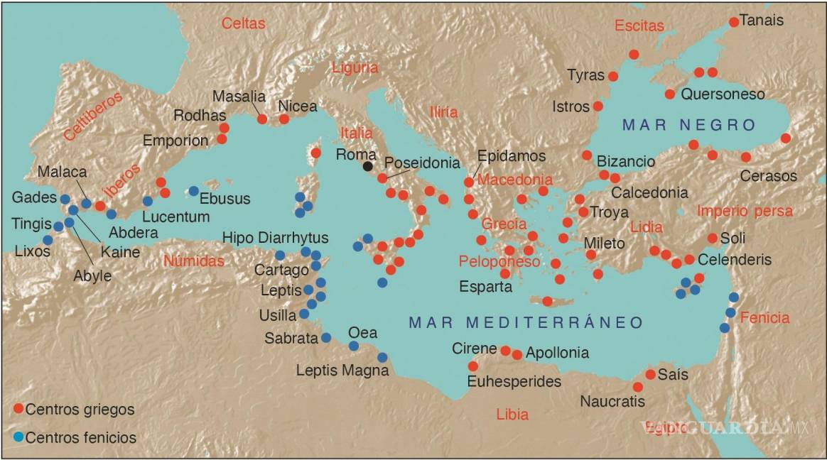 $!Mapa de asentamientos griegos y fenicios. (Eduard Dalmau). EFE/Penguin Random House Grupo Editorial