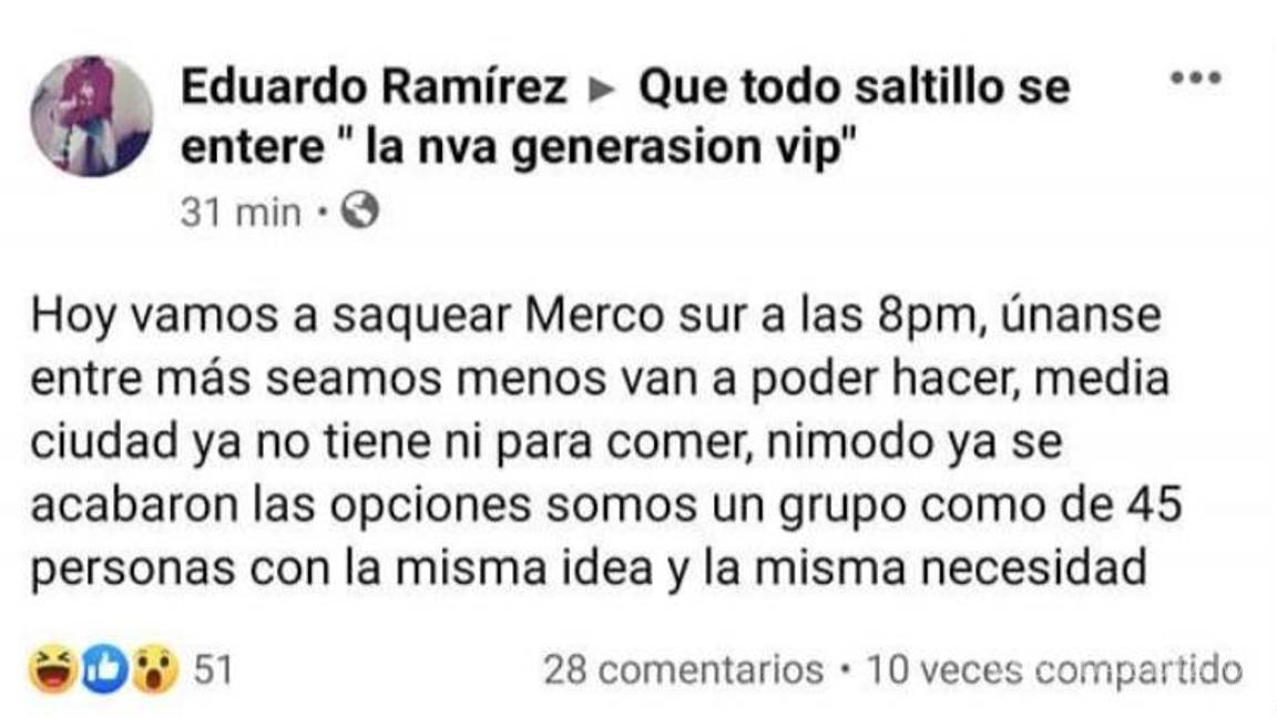 $!Amenazan en redes con saqueo masivo de tienda al sur de Saltillo