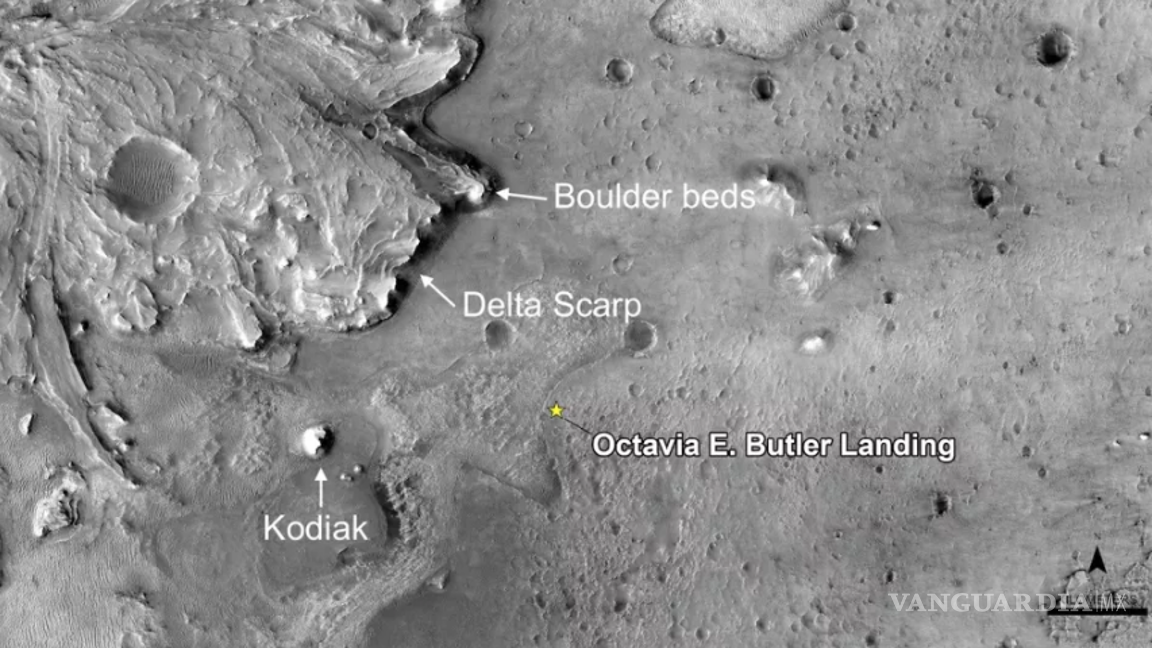 $!En esta imagen se pueden observar la colina ‘Kodiak’, el ‘Delta Scarp’ y el lugar de aterrizaje del ‘Perseverance’, informalmente conocido como ‘Octavia E. Butler’.