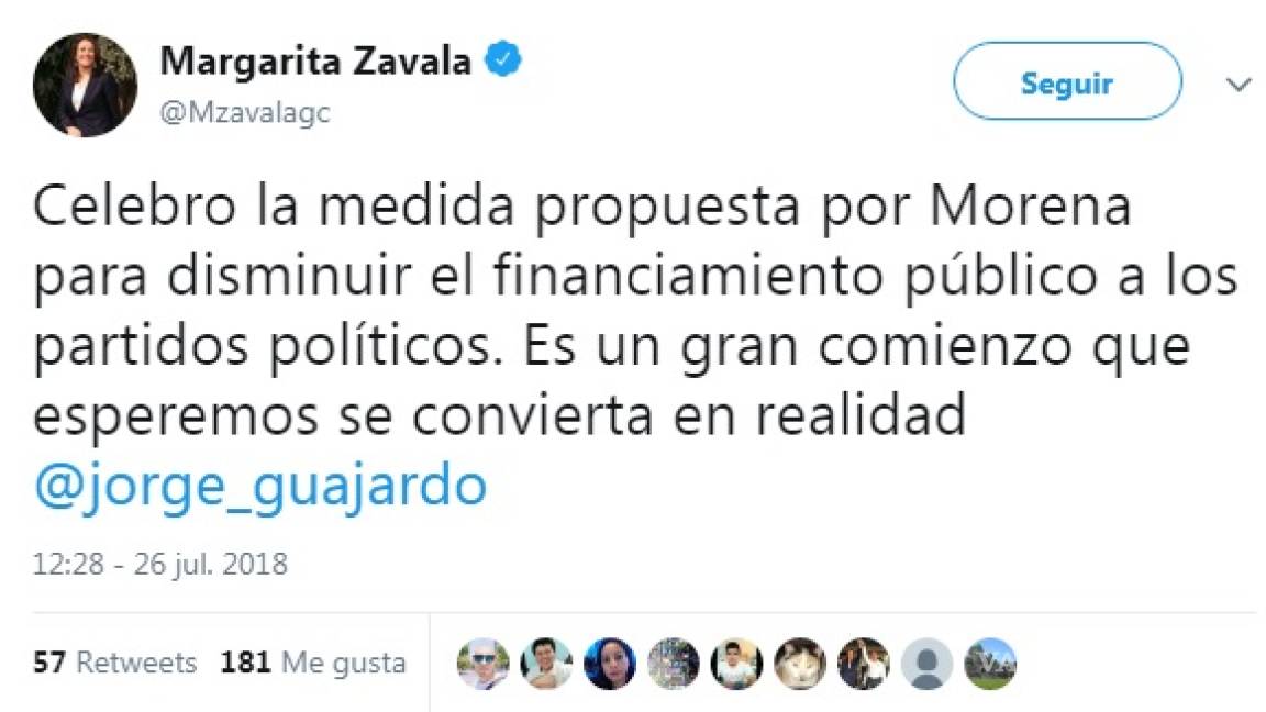 Margarita Zavala apoya recorte a partidos propuesto por Morena