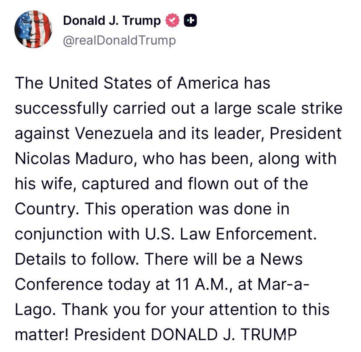 $!Trump anuncia captura de Nicolás Maduro y su esposa tras ataque contra Venezuela