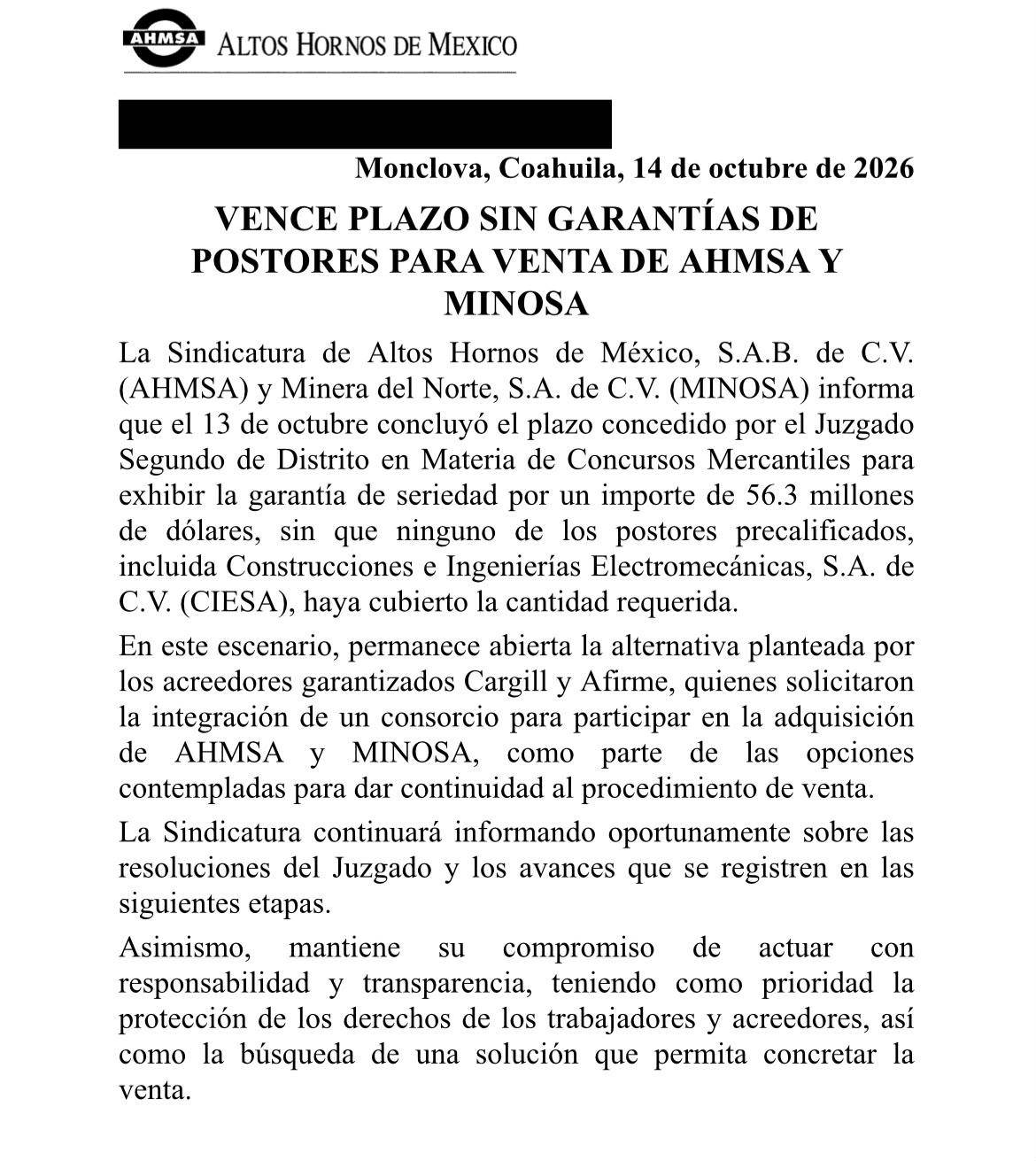 $!CIESA presentó una propuesta de compra por mil 400 millones de dólares, pero no cumplió con el depósito requerido dentro del plazo establecido.