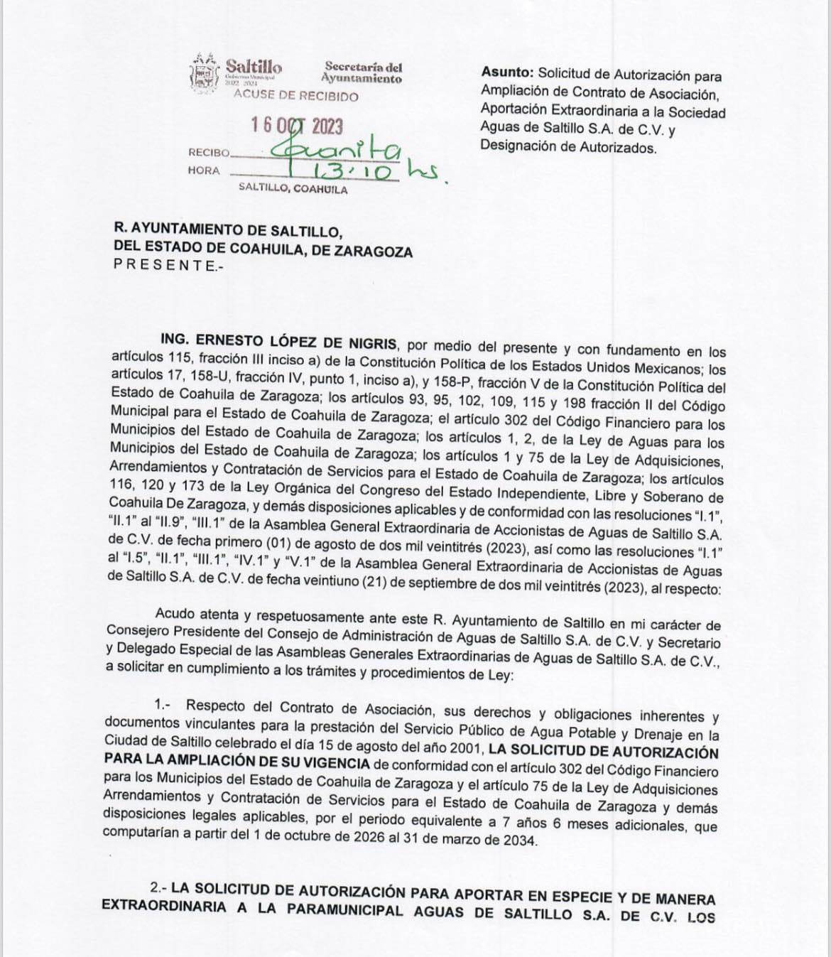 $!Este es el documento entregado por Agsal al Ayuntamiento de Saltillo.