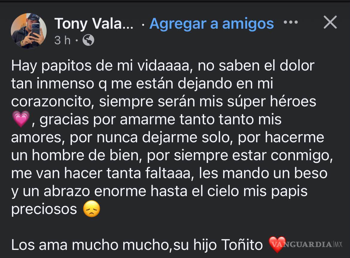 $!Toñito dedicó un mensaje de despedida a sus padres, a quienes recordó como sus superhéroes.