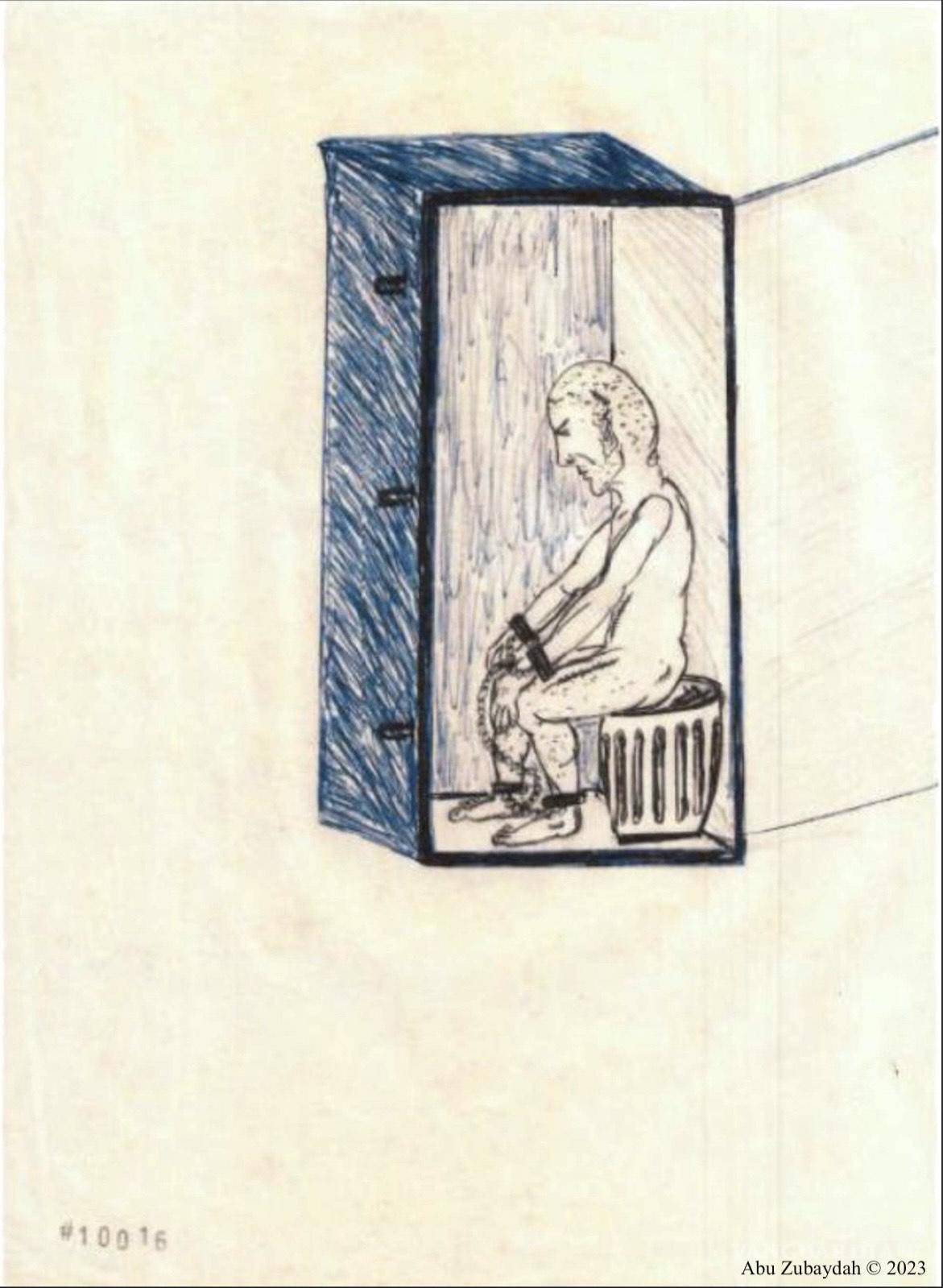 $!Fotografía cedida por Abu Zubaydah que muestra una de sus ilustraciones publicadas en el informe “American Torturers” en 2023.