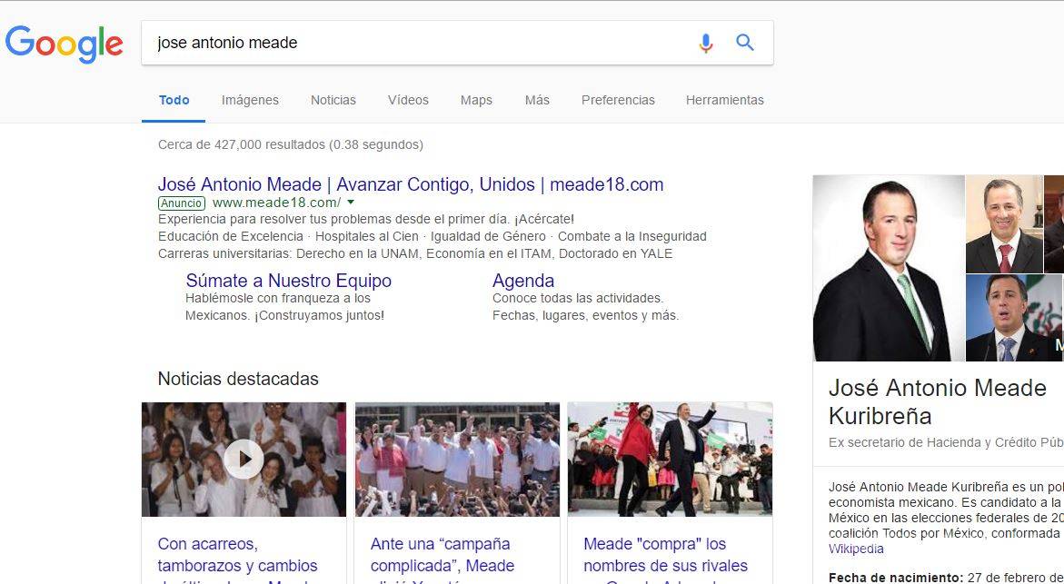 $!Si buscas en Google a AMLO, Anaya o Margarita... ¡aparece Meade!