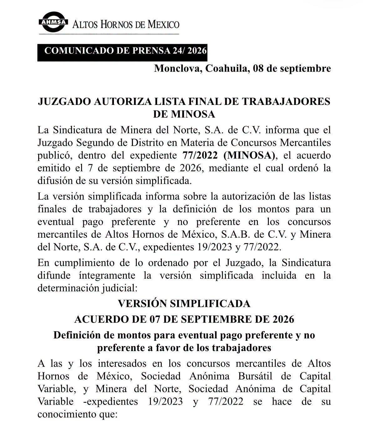 $!Con la lista definitiva de trabajadores y créditos laborales aprobada, el proceso concursal de AHMSA y Minosa entra en una etapa decisiva.