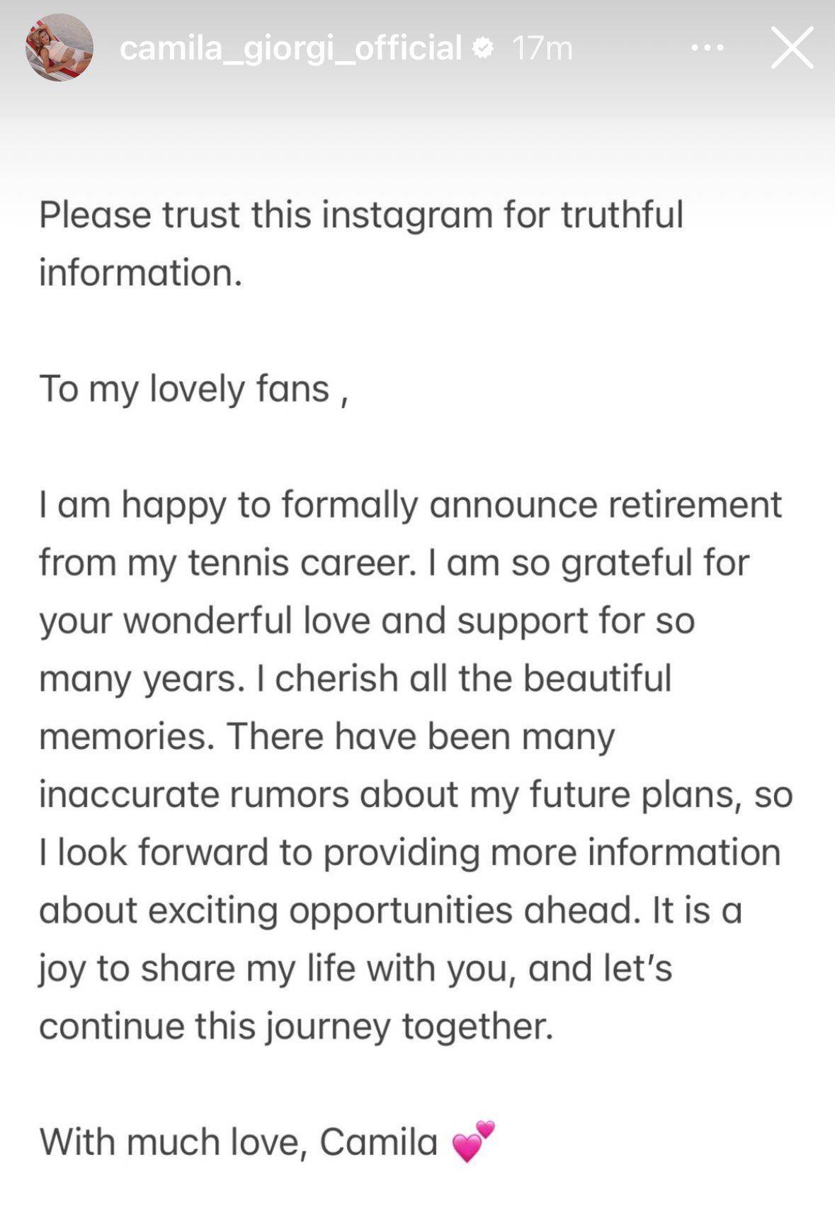 $!Mensaje que publicó la tenista a través de sus historias de Instagram.