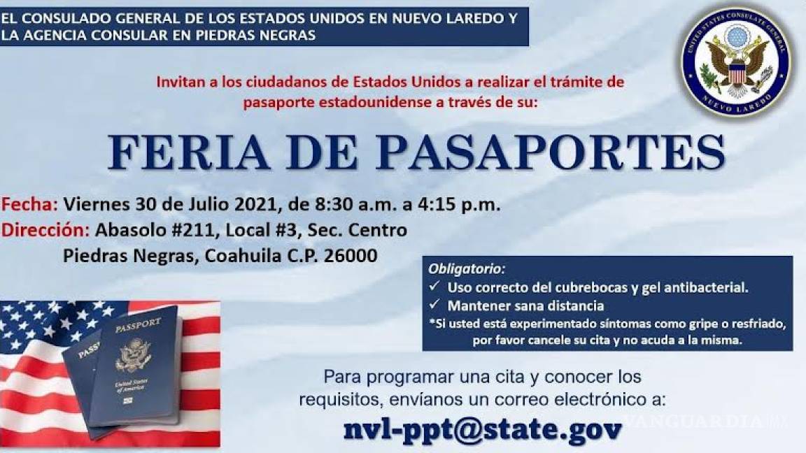 Realizará feria de pasaportes en Piedras Negras Consulado de Estados Unidos