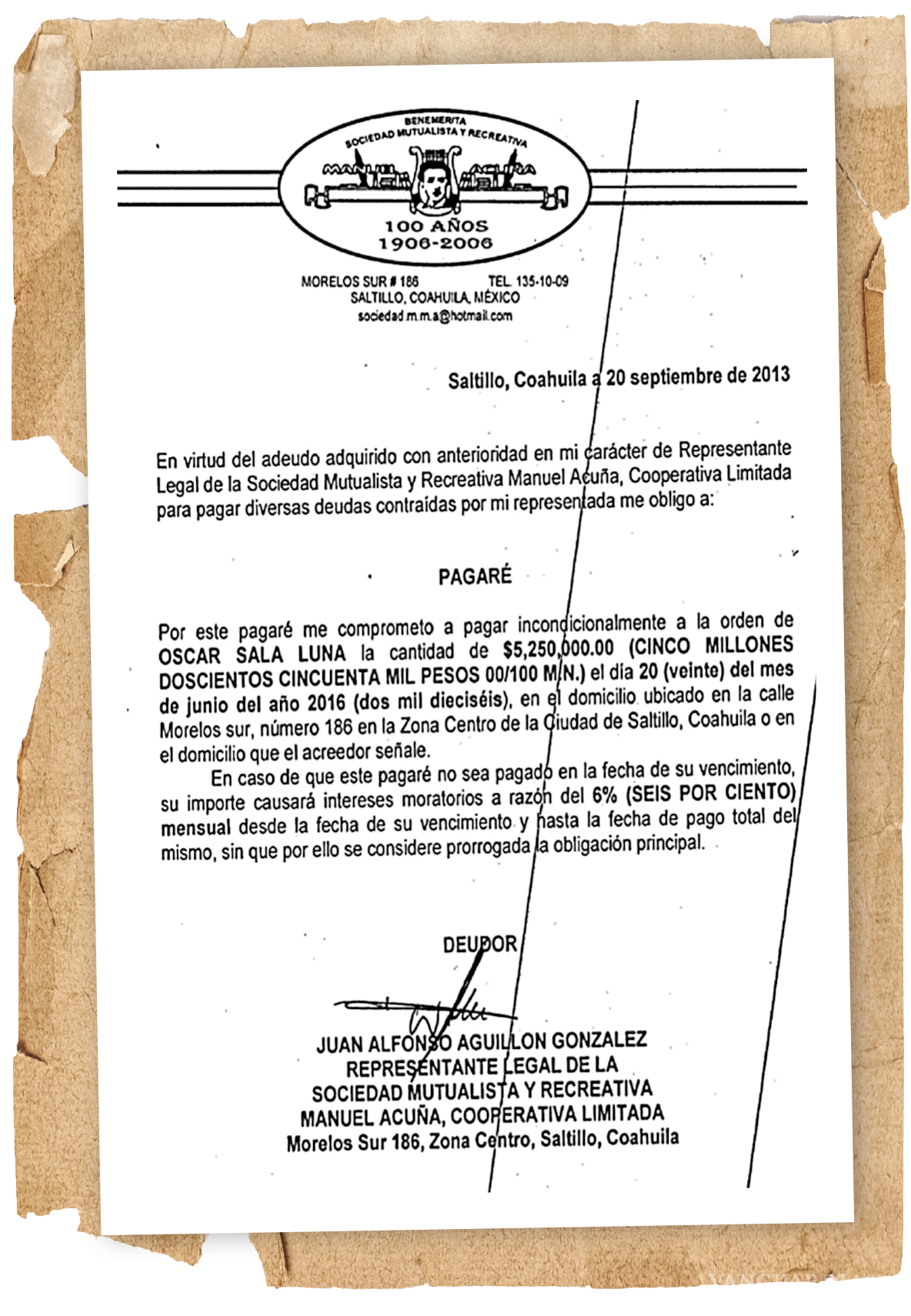 $!Impreso en papel membretado de la propia Sociedad, el pagaré que sirvió para demoler su edificio es ahora el centro de una denuncia penal que busca revertir los hechos.