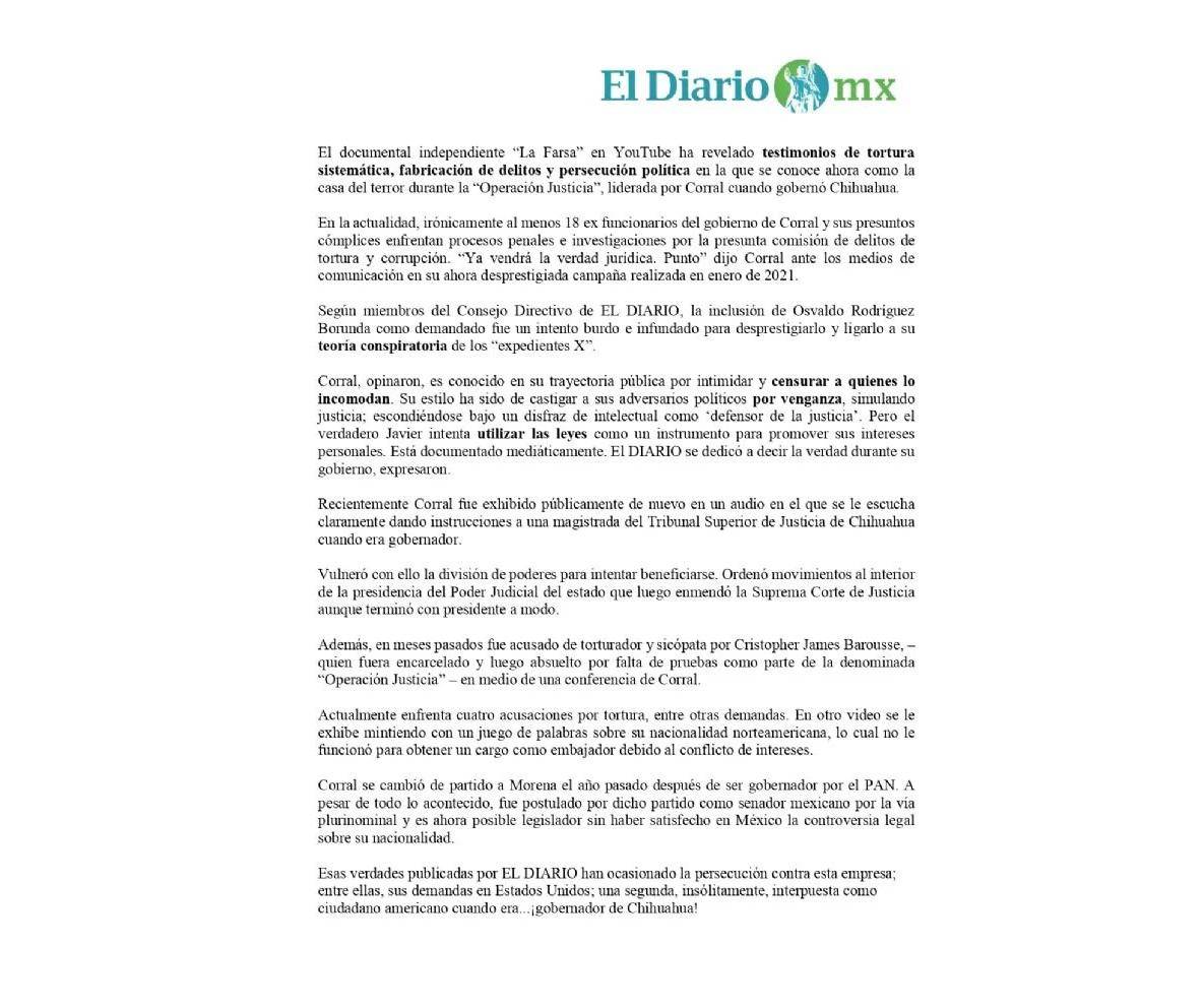 $!Javier Corral pierde demanda contra director de El Diario de Juárez