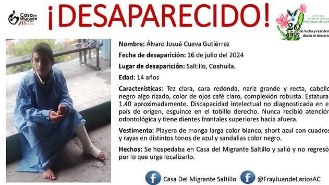Menor migrante desaparecido en Saltillo es encontrado en San Luis Potosí