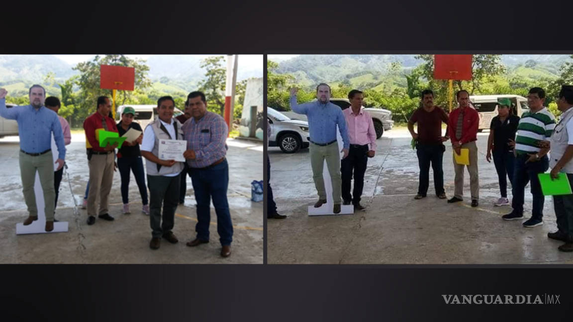 Con foto tamaño real alcalde de Chiapas hace presencia en eventos a los que no puede asistir