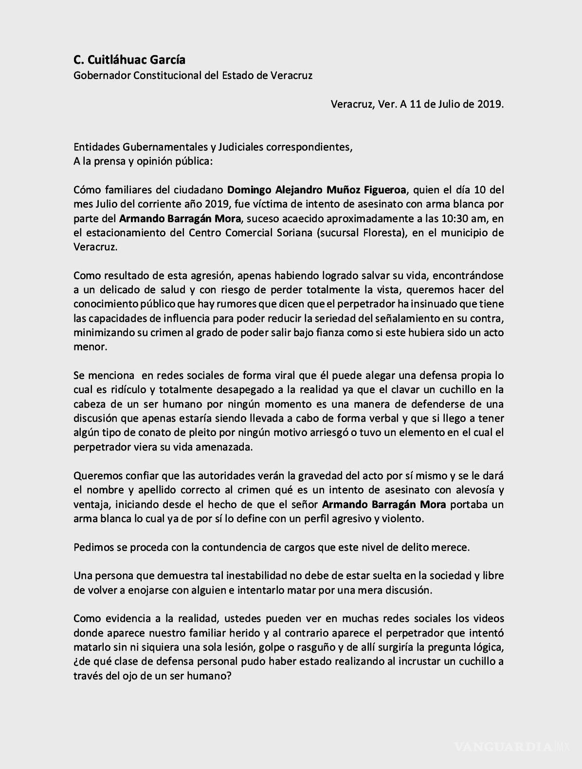 $!Familiares de hombre acuchillado en Veracruz exigen justicia y recabarán firmas para que agresor no salga libre
