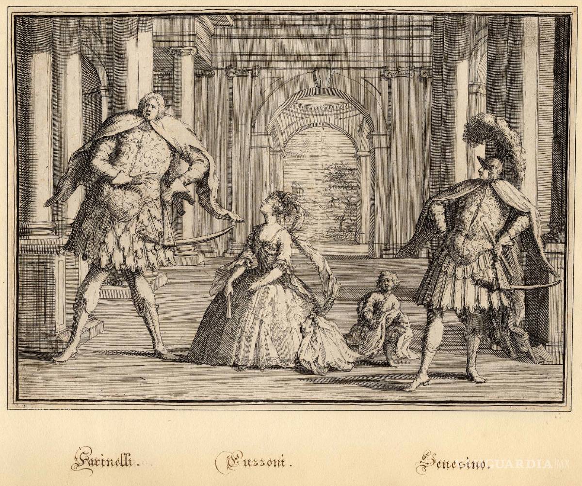 $!Caricatura de Senesino, Cuzzoni y el castrati Farinelli, grabado de 1723 de John Vanderbank.