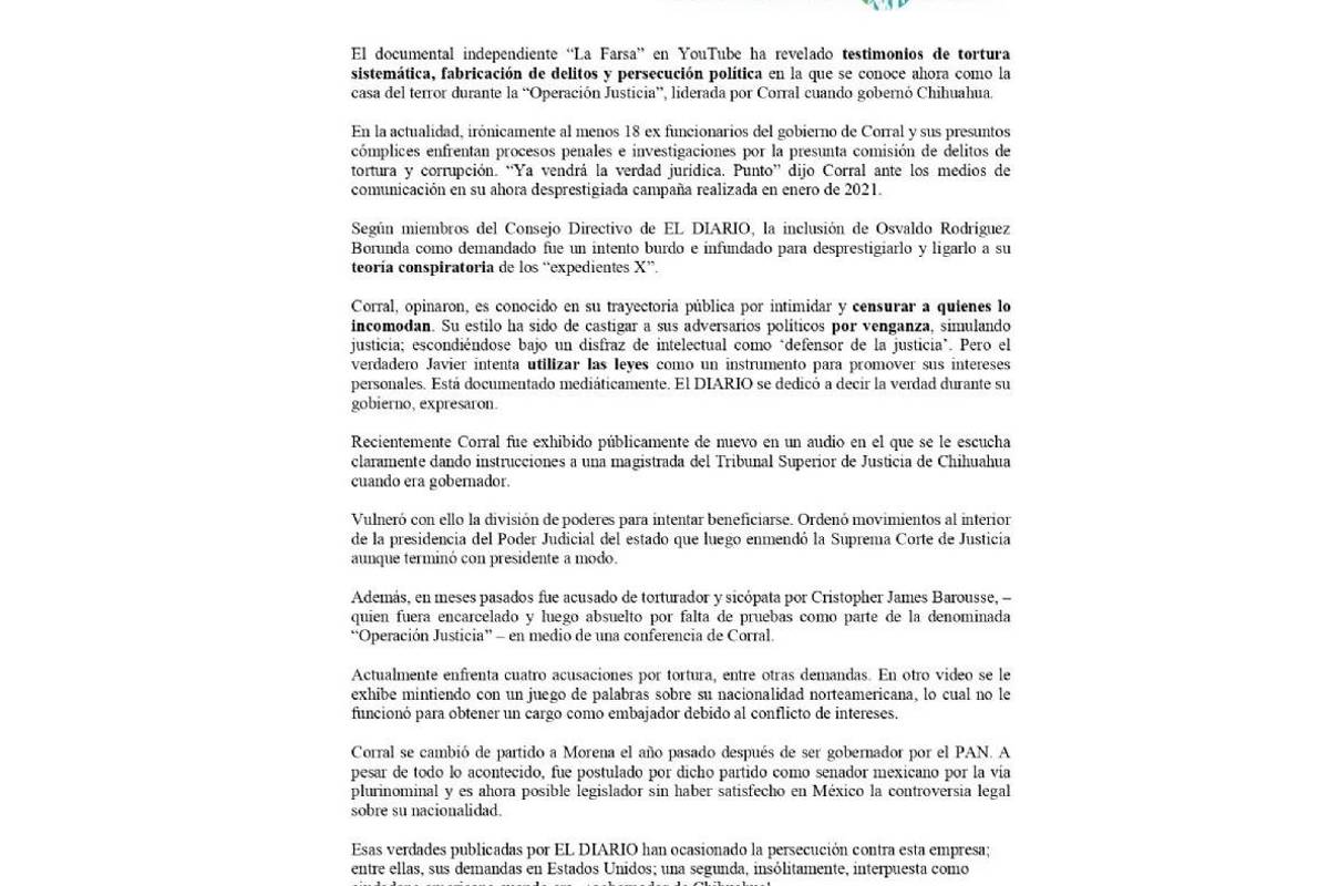 $!Javier Corral pierde demanda contra director de El Diario de Juárez