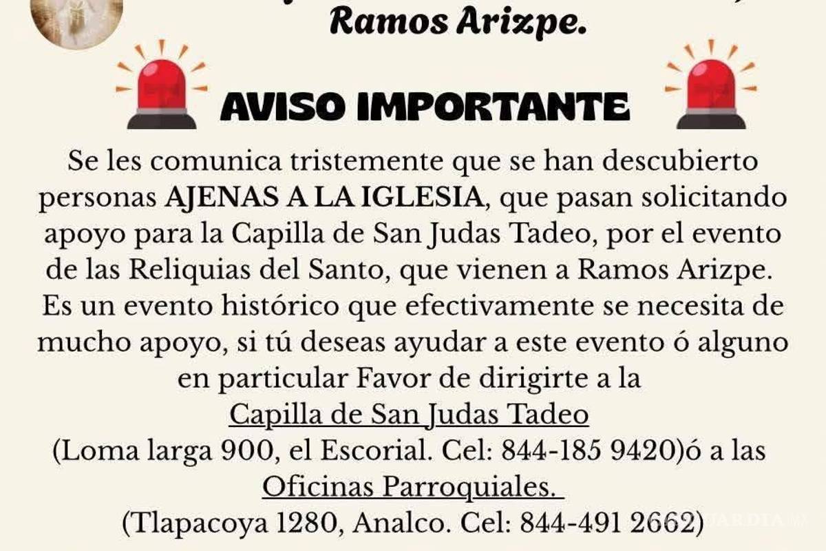 Alertan sobre fraude con falsas colectas para la capilla San Judas Tadeo, en Ramos Arizpe