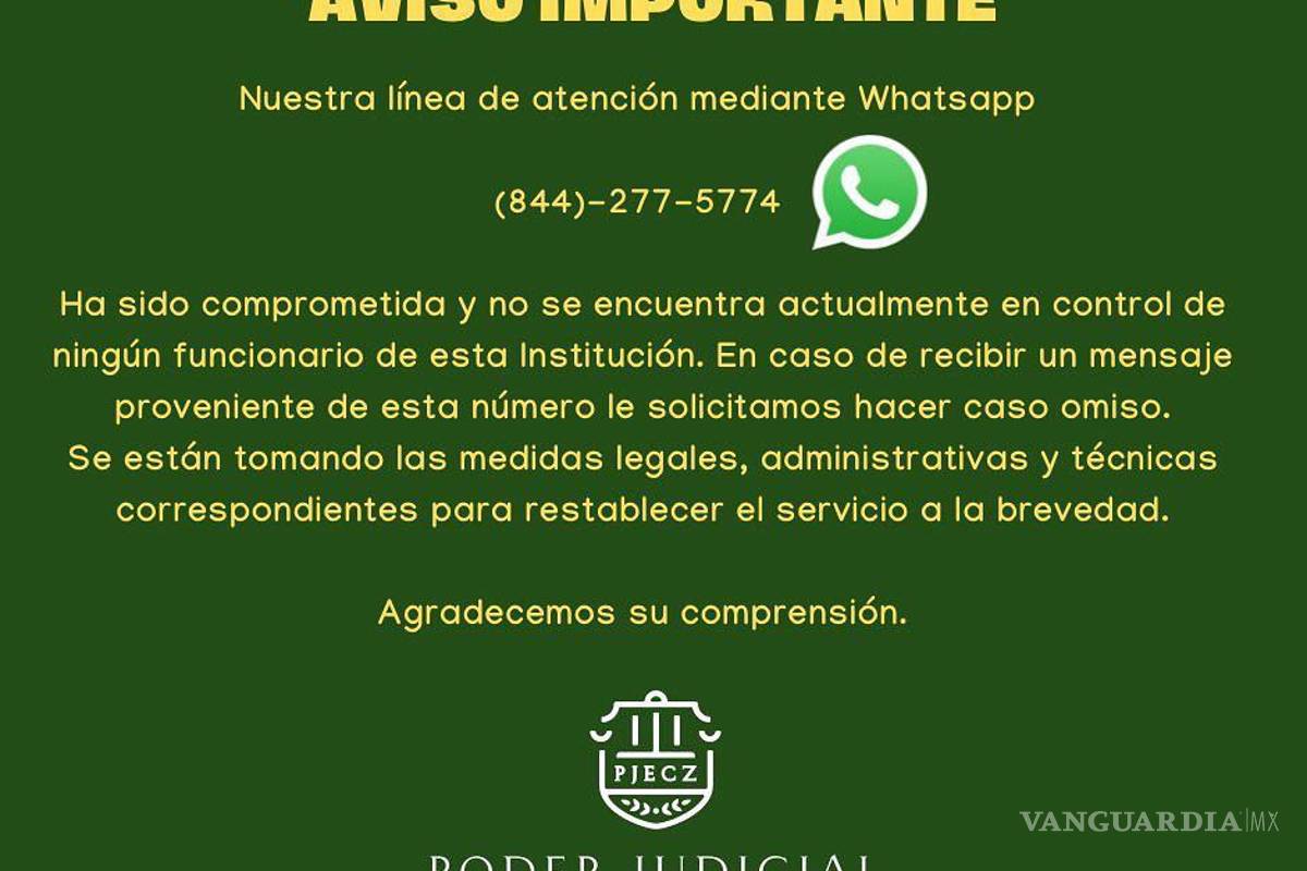 Hackean línea de WhatsApp del Poder Judicial de Coahuila