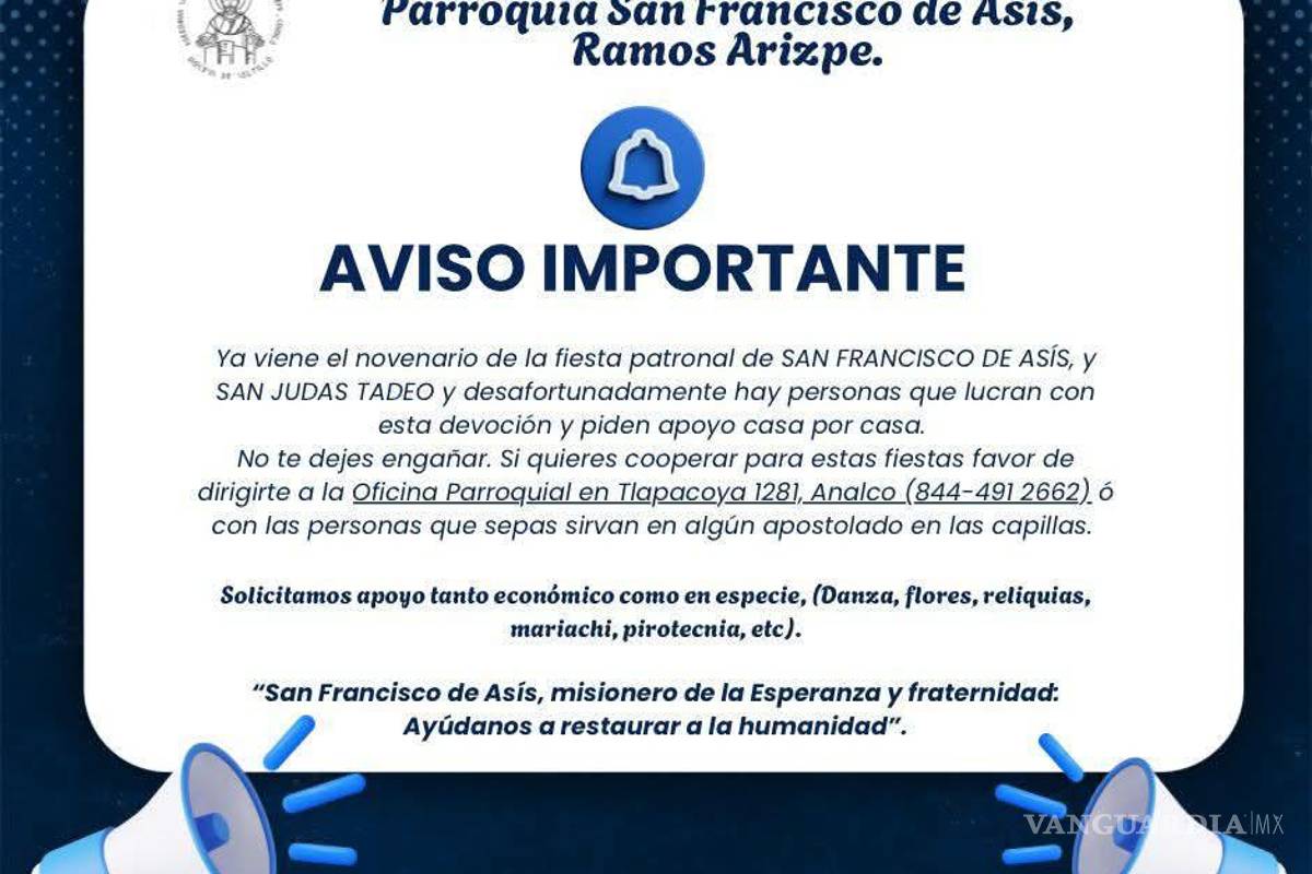Iglesia de Ramos Arizpe alerta sobre fraudes con colectas religiosas
