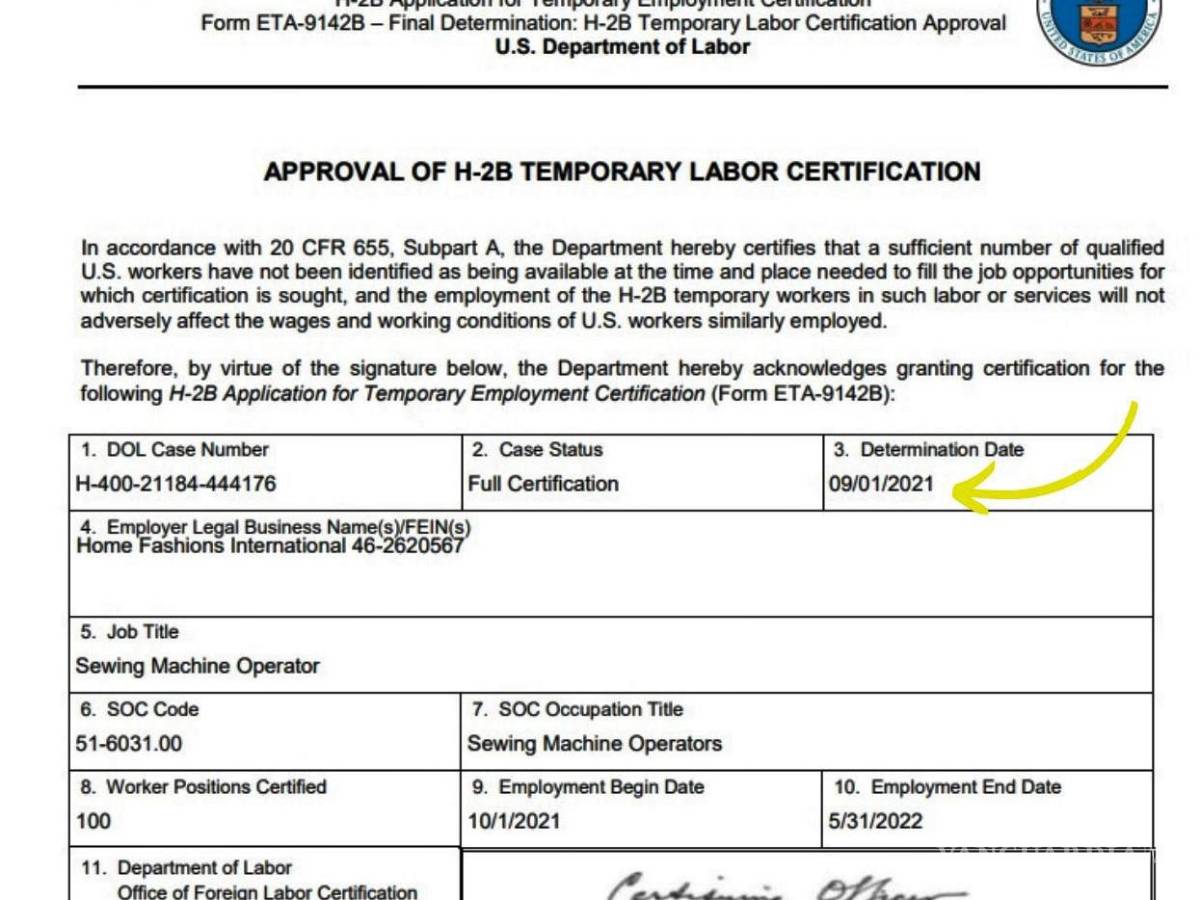 $!Certificación laboral expedida por el Departamento del Trabajo de los Estados Unidos a la empresa Home Fashions International LLC con sede en Carolina del Sur. Fuente: Administración Municipal de Ciudad Acuña.
