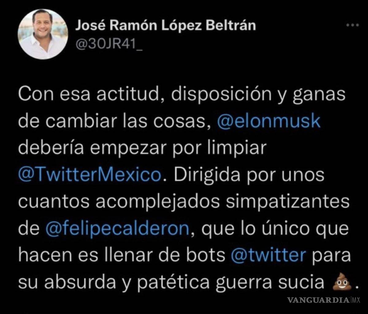 $!José Ramón López Beltrán pide a Musk ‘limpiar Twitter de seguidores de Calderón’