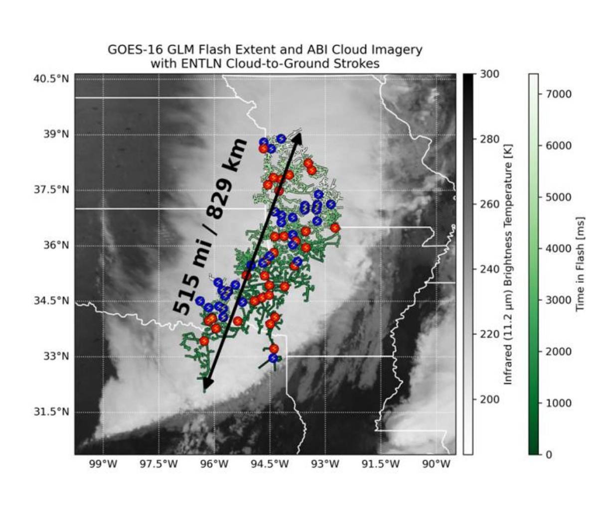 $!Imagen satelital del relámpago de extensión récord de 829 km que se extendió desde el este de Texas hasta cerca de Kansas City el 22 de octubre de 2017.